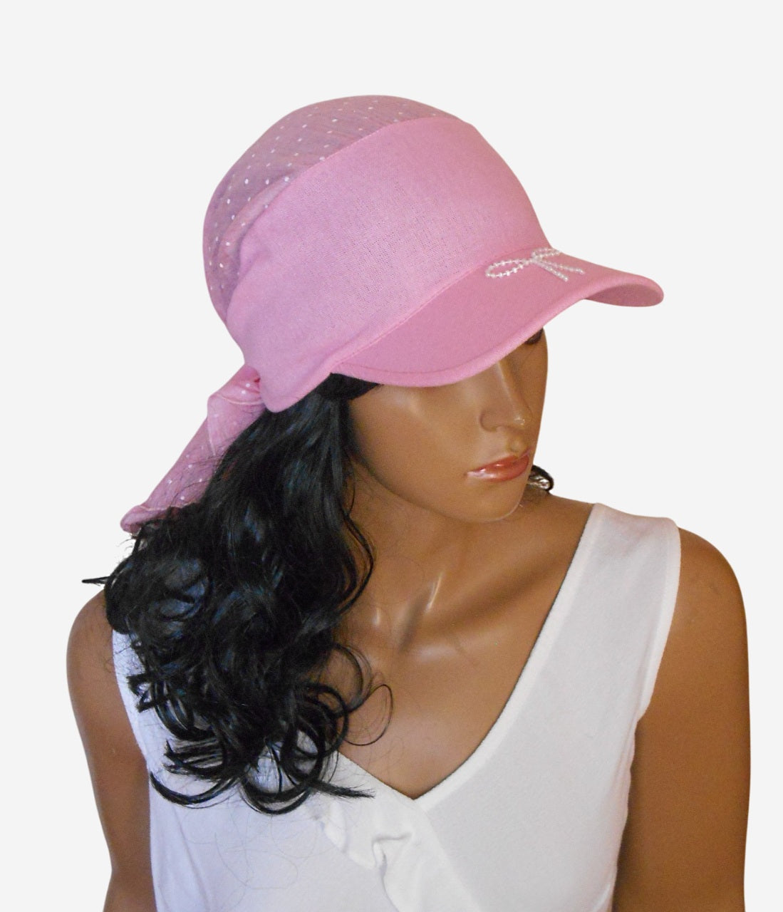 Top view of pink visor bandana with white polka dots for women — breathable summer headband