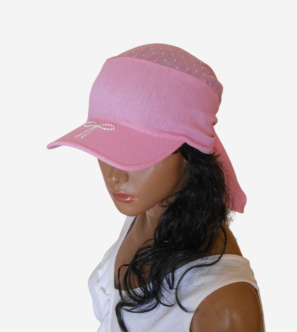 Front view of pink visor bandana with white polka dots for women