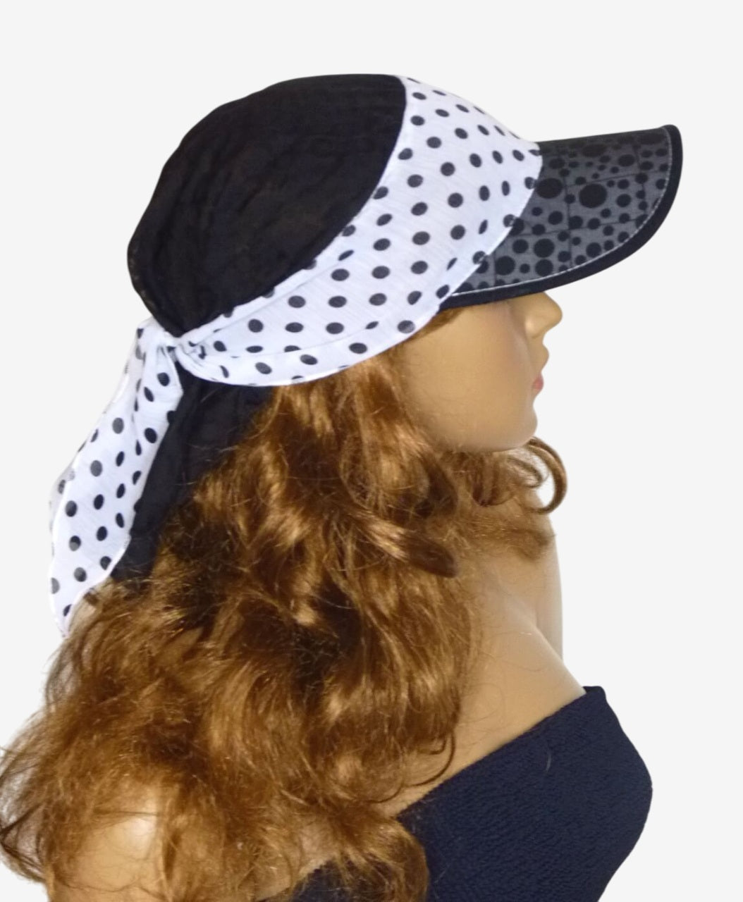 Side view of polka dot bandana visor showing style and fit