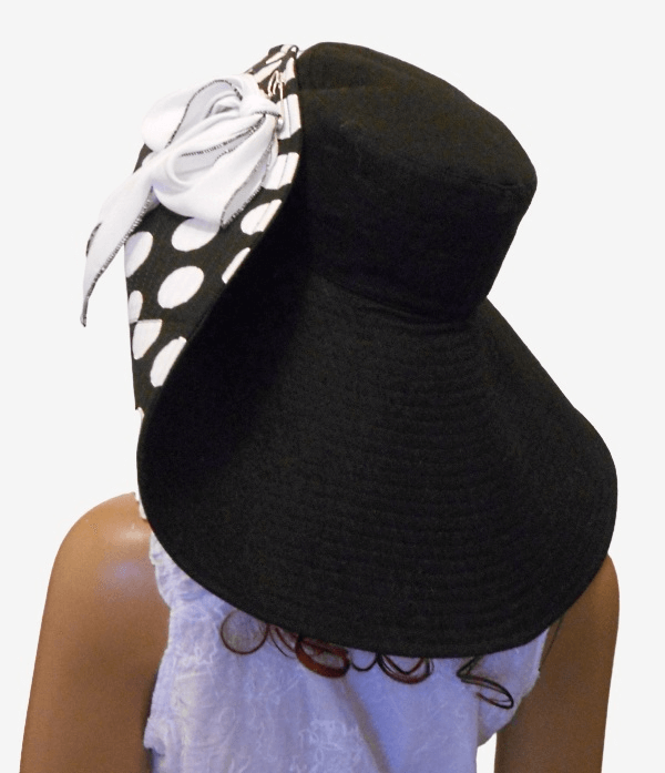 Handmade linen hat with wide brim and white dots, back view