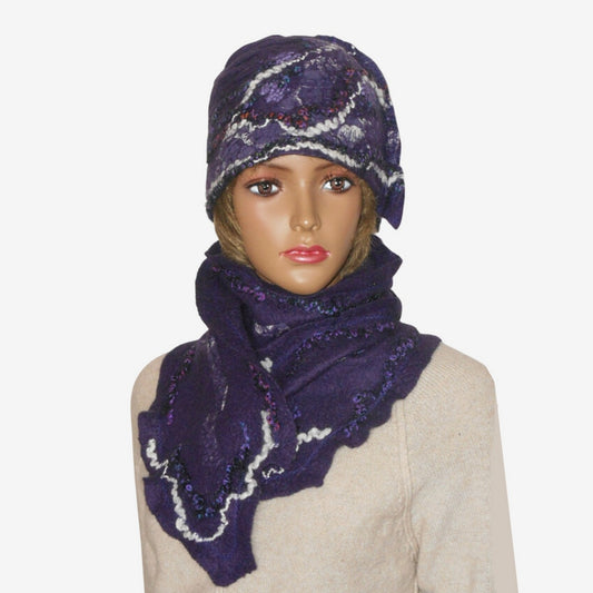 Purple felted wool beanie hat and scarf set for women, handmade winter accessories in elegant purple color