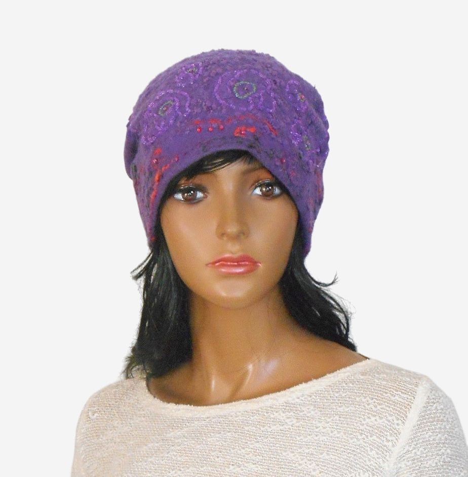 Felted purple beanie hat