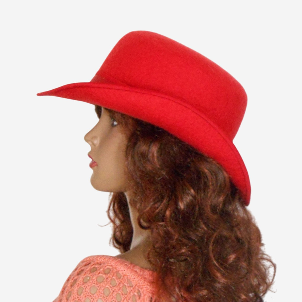 Stylish women’s red felted bowler hat, side profile