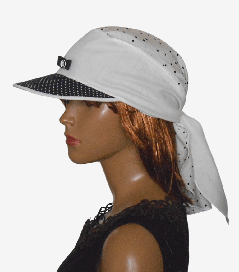 Black and white polka dot visor bandana, side view