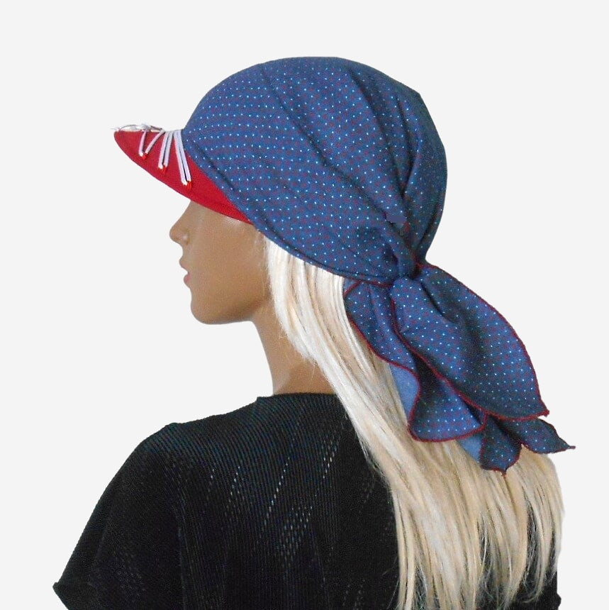 Blue denim bandana with visor showing red visor and white lacing detail, side view