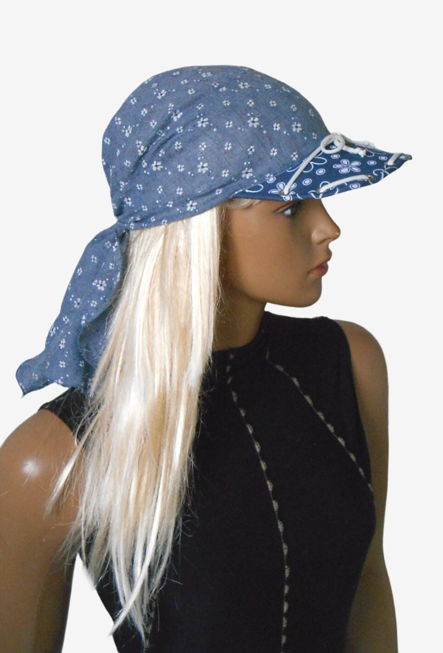 Lightweight patterned gauze bandana hat with visor, side view 