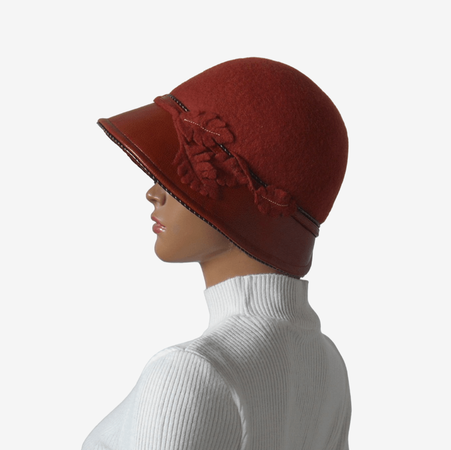 Terracotta felt and leather hat, side view
