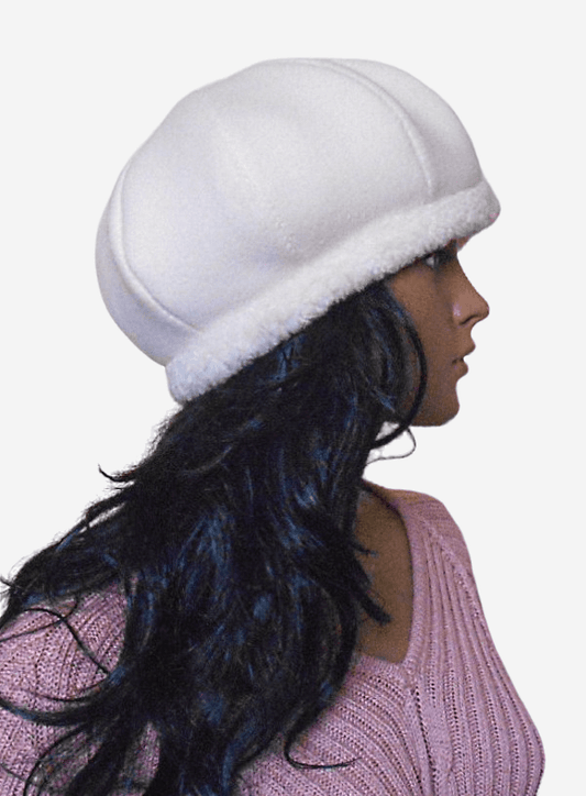 Side view of cozy white wool beret for winter