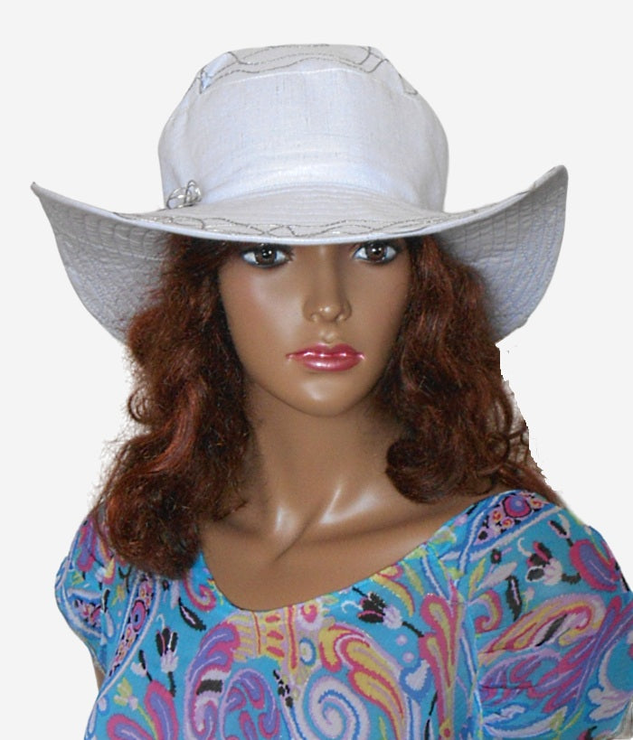 Wide-brim silver linen hat, front view with artistic silver cord detailing