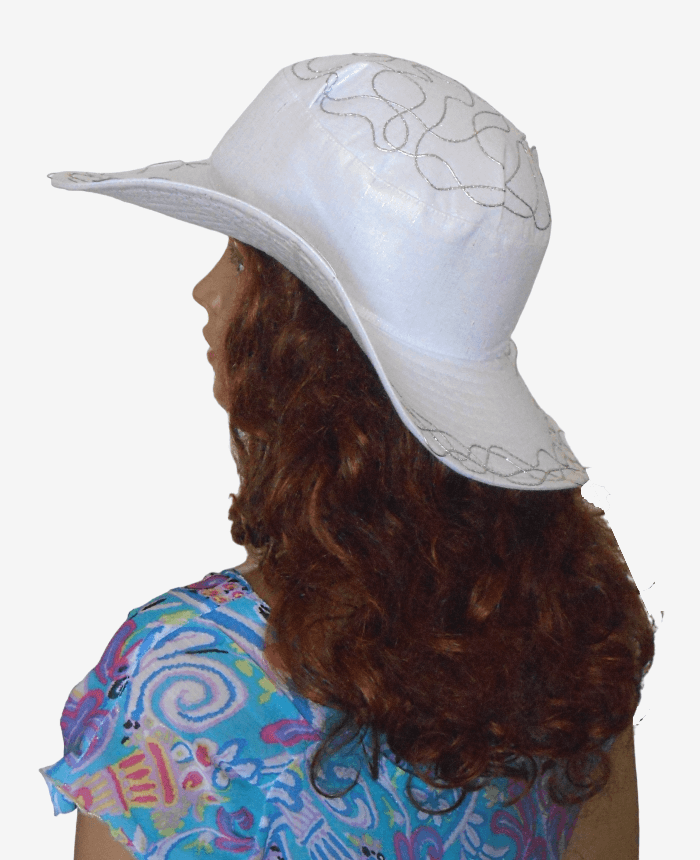 Wide-brim silver linen hat, side view with artistic silver cord detailing
