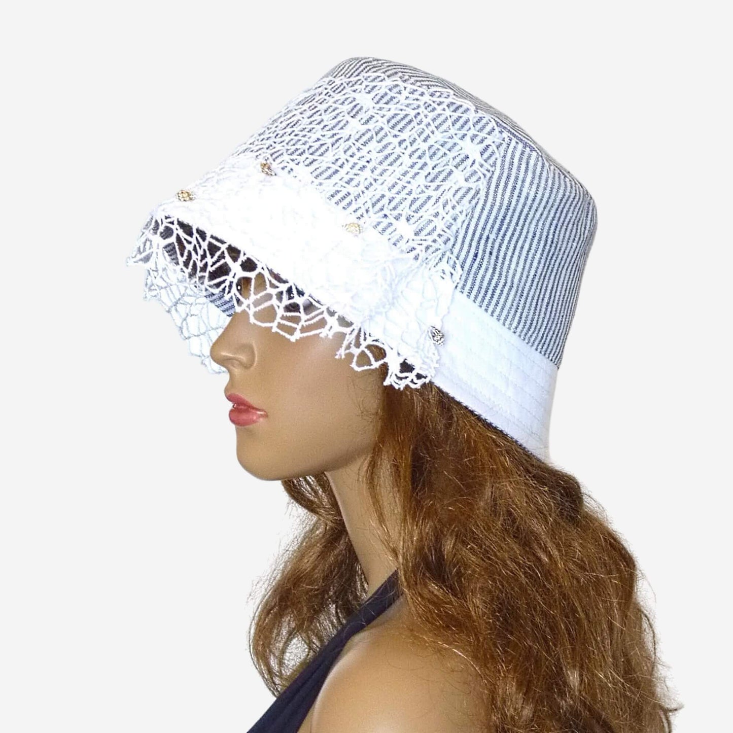 Gray & White Striped Summer Hat with Veil and Seashells