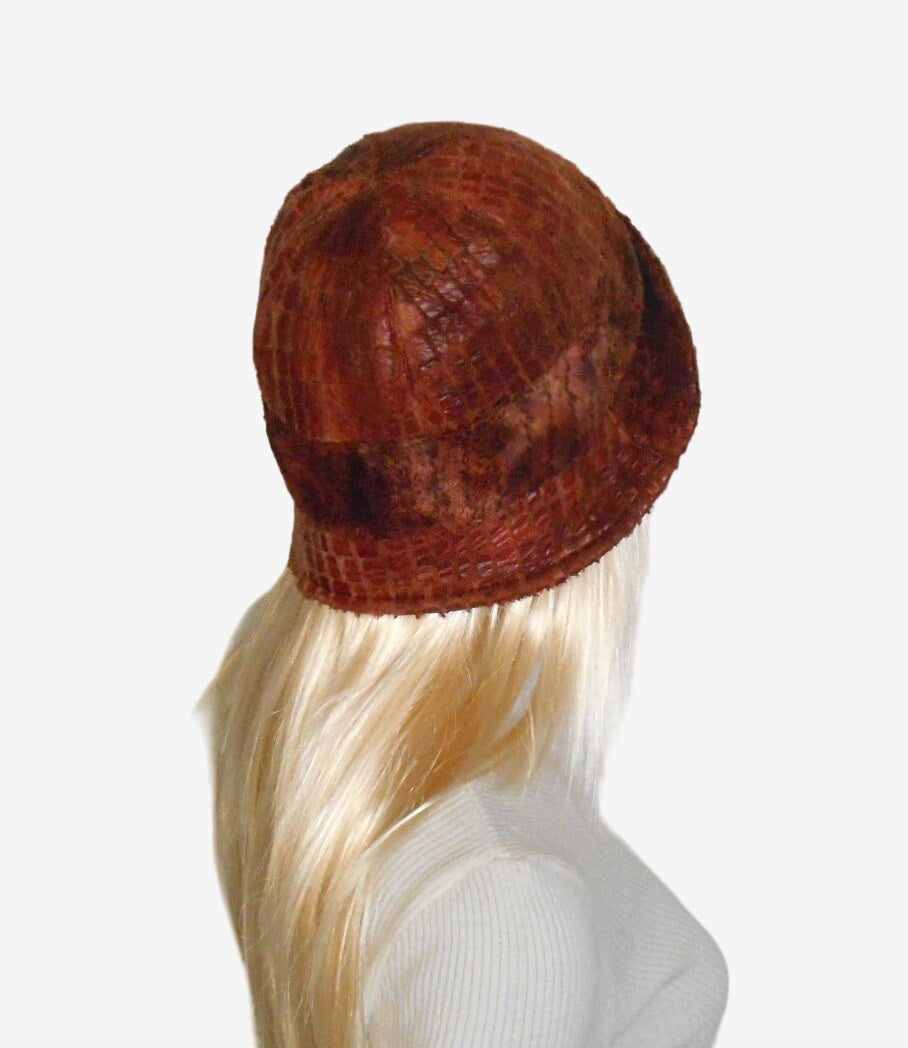 Back view of the terracotta cloche hat