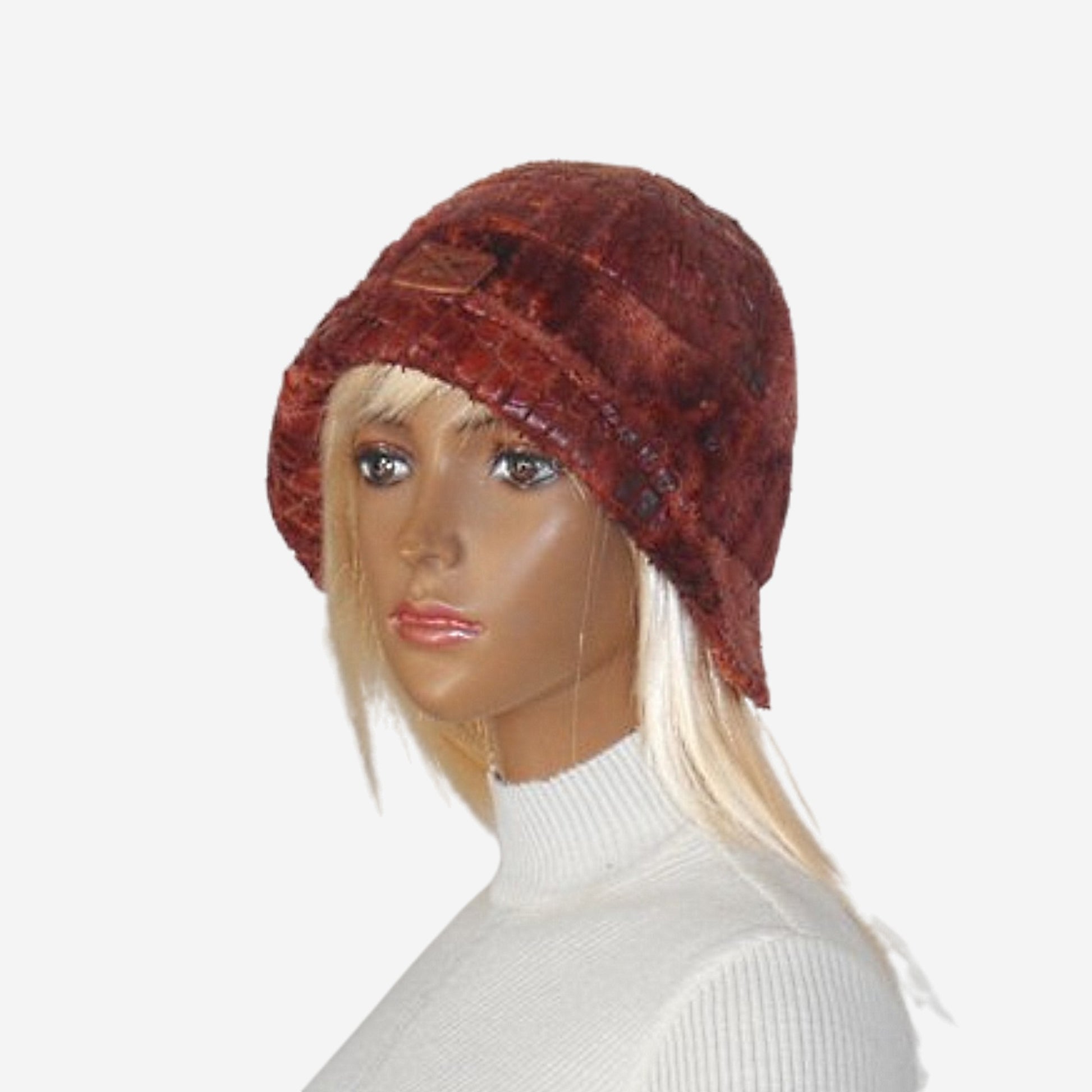 Women's terracotta cloche hat in 1920s style with a small raised brim.