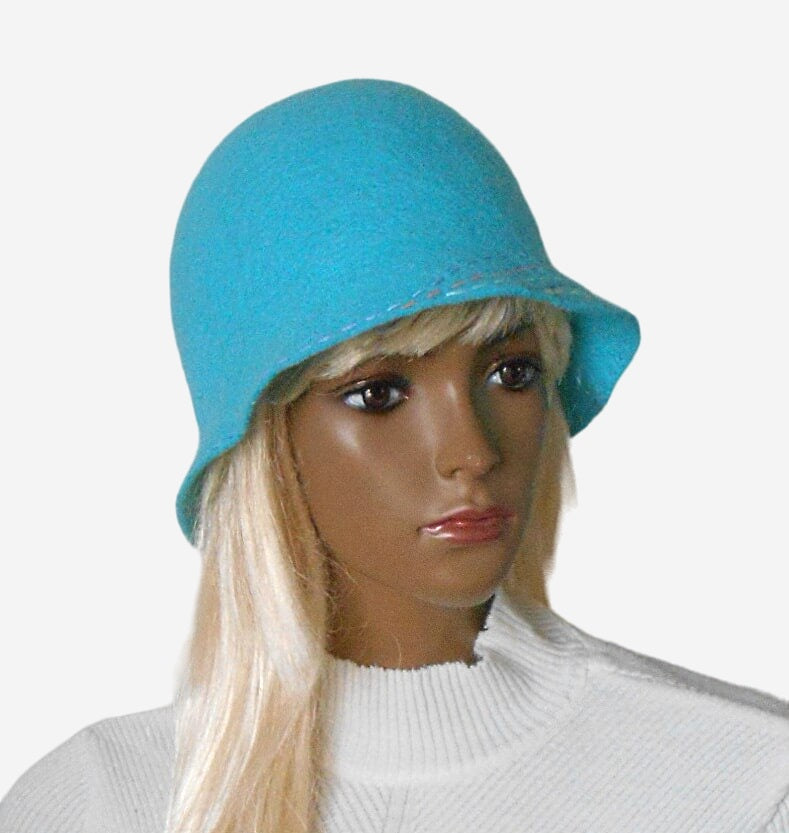 Turquoise winter felted cloche hat