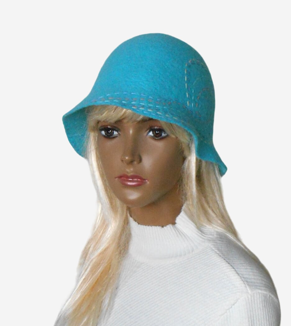 Turquoise winter felted cloche hat