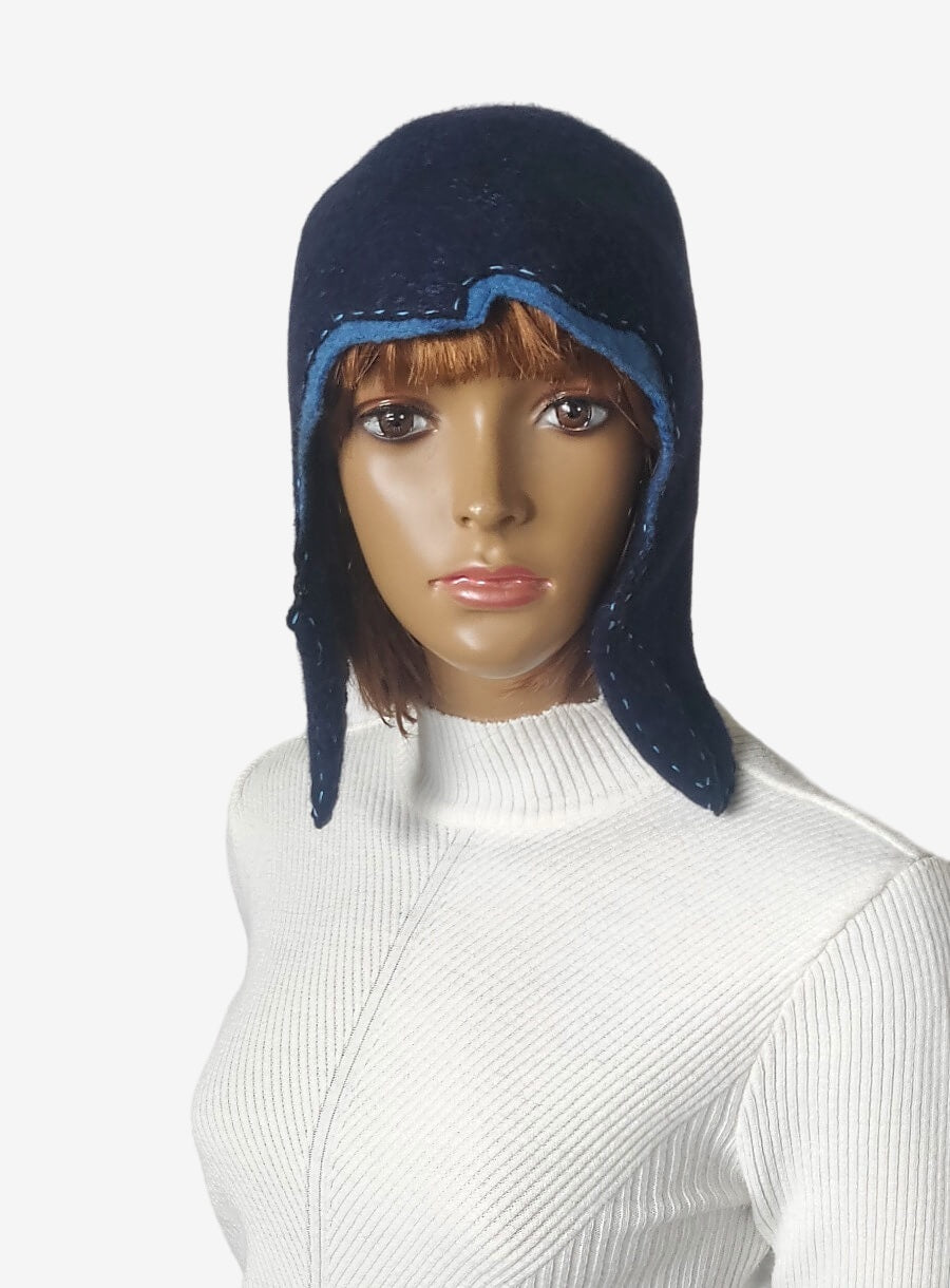 Dark blue felted trapper hat