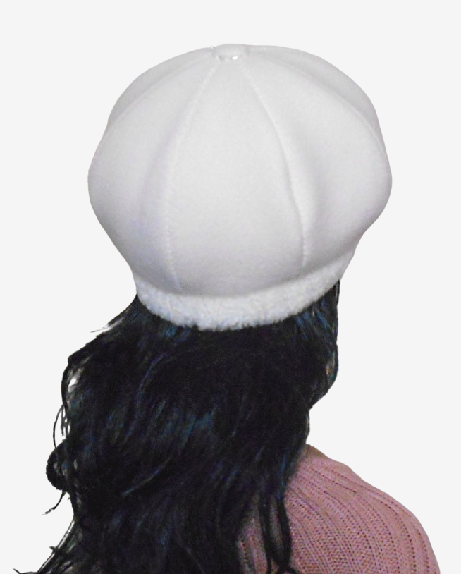 Back view of white beret with faux fur trim 