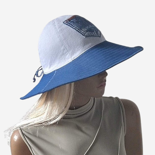 Summer wide-brimmed white and blue denim hat