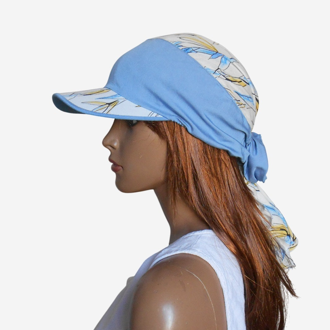 side view of white and blue visor bandana on mannequin