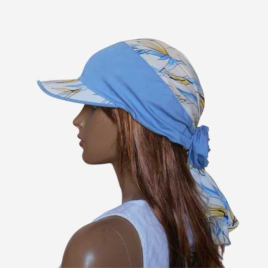 white and blue visor bandana for women — summer cotton headwear with visor
