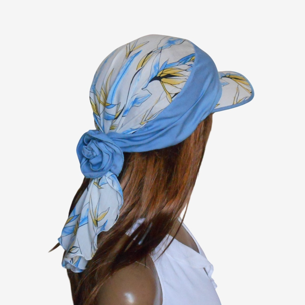 back view of white and blue visor bandana for women — summer headwear