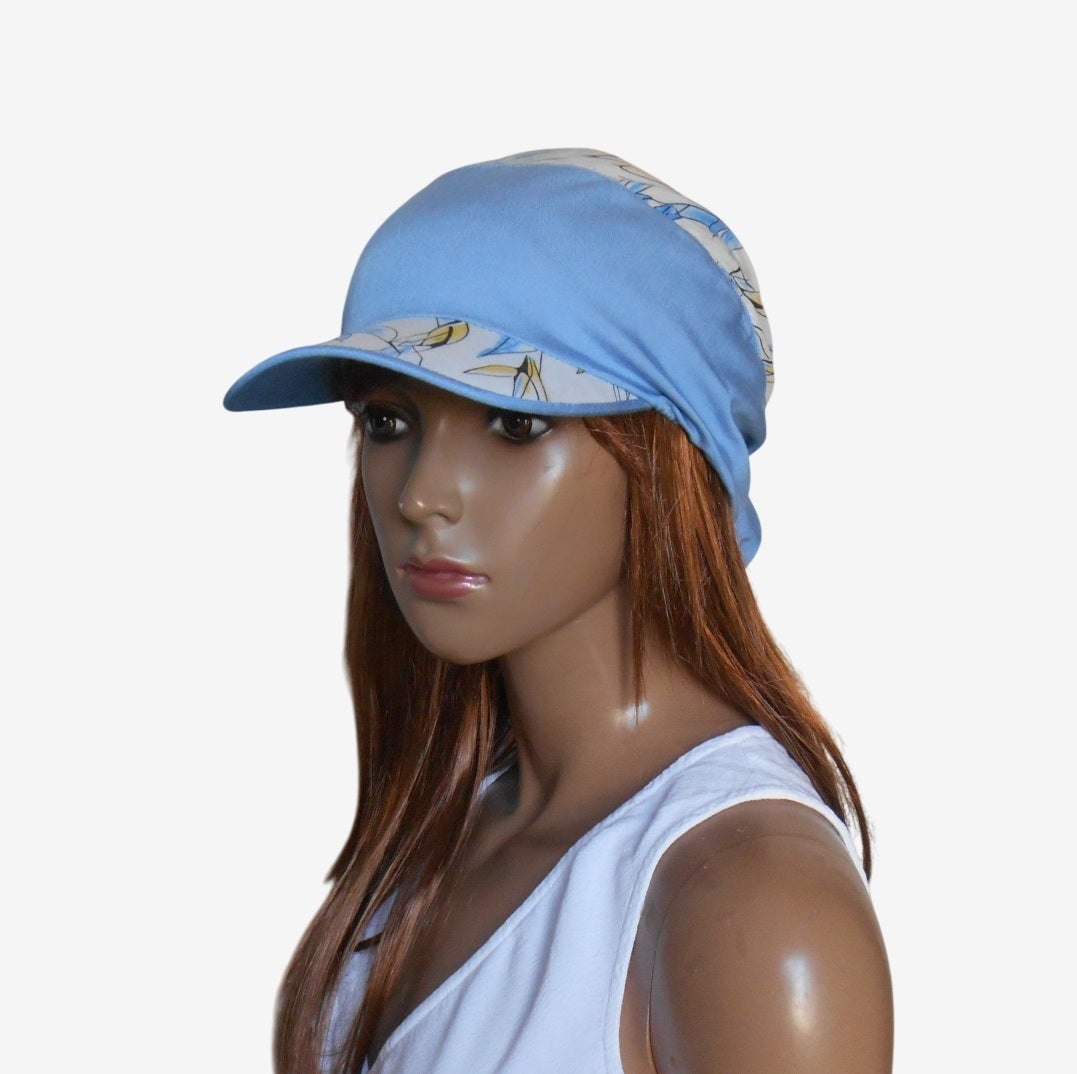 Front view of white and blue visor bandana for women — summer headwear