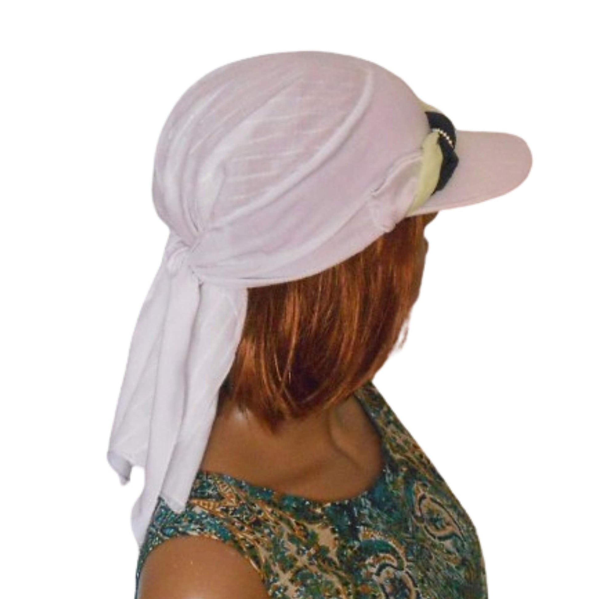 Back view of white cotton bandana cap with adjustable tie closure
