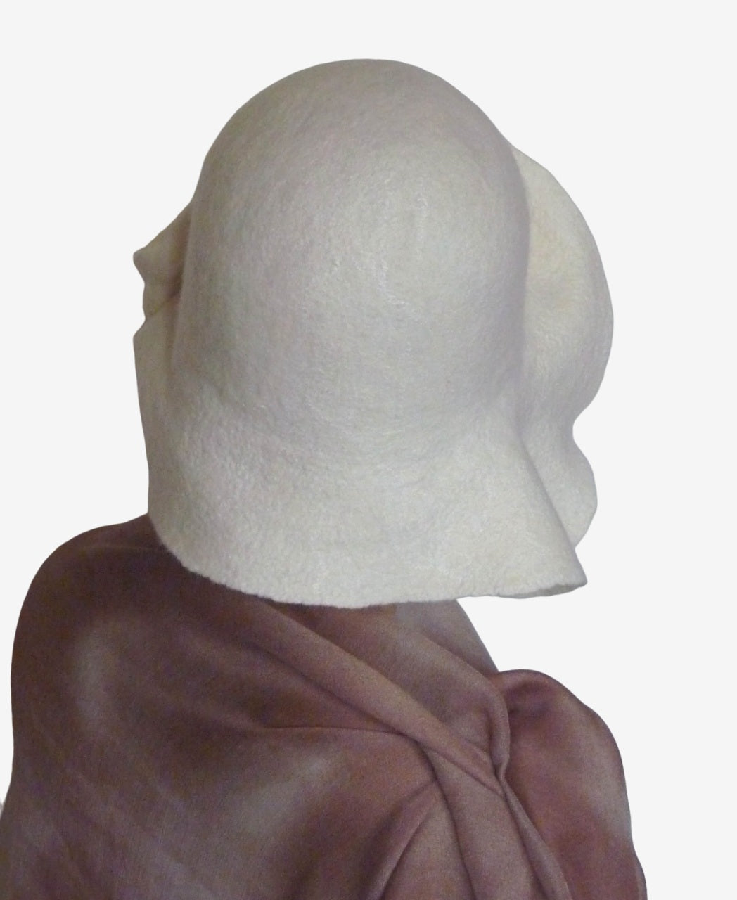 Back view of elegant white felt merino wool hat