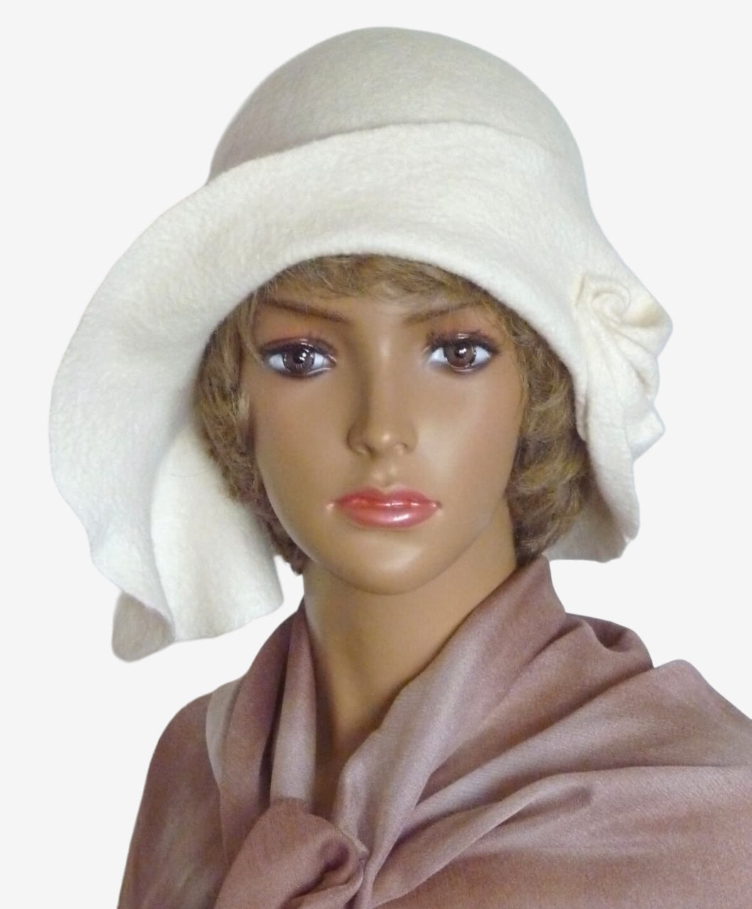 Front view of white felt merino wool hat with asymmetrical brim