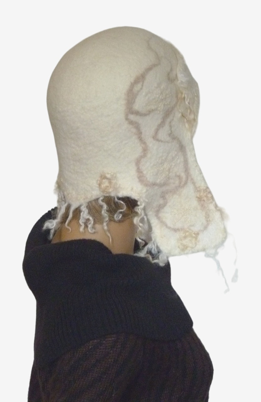 Back view of white felted trapper hat showing handcrafted wool texture