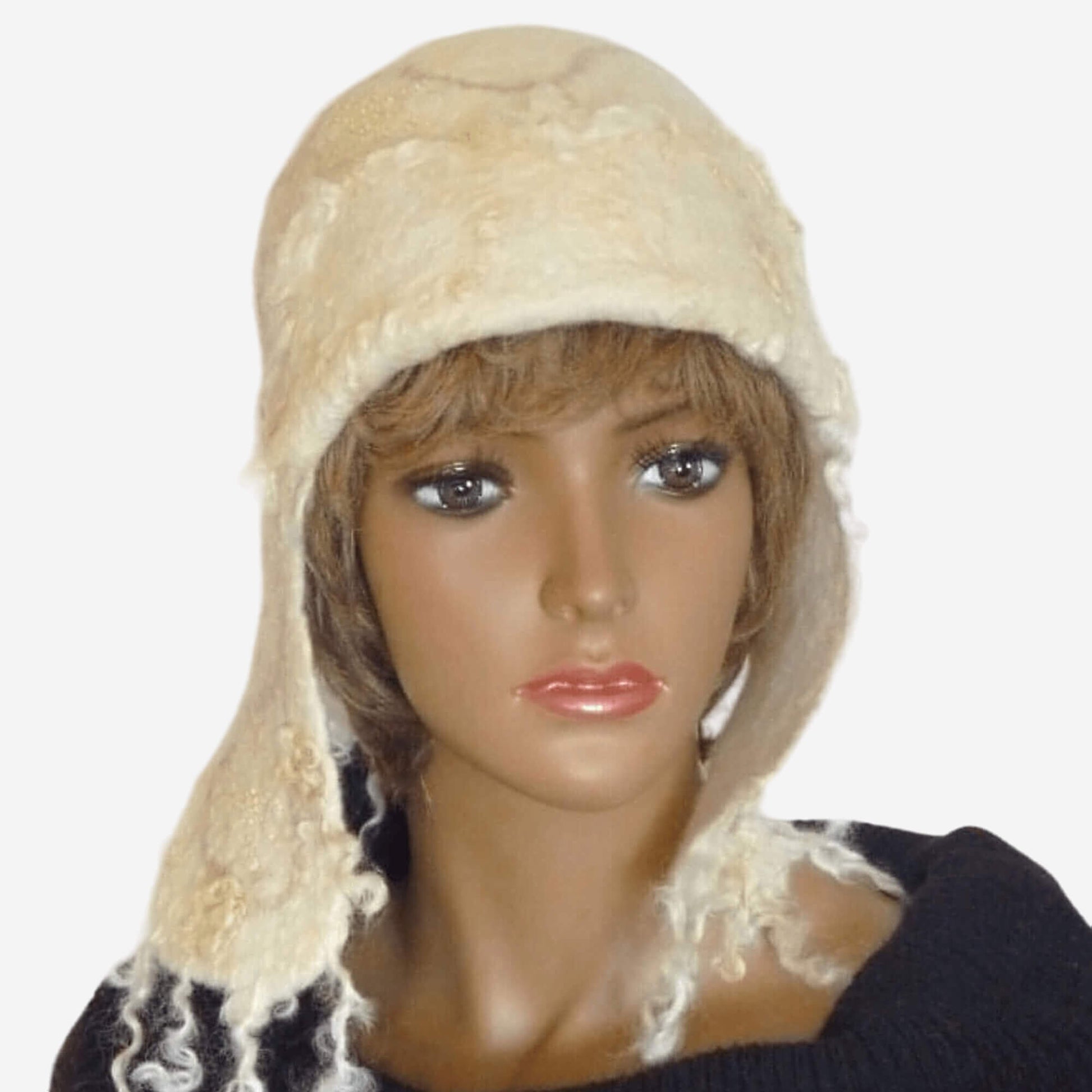 White felted trapper hat handmade from merino wool, winter hat with ear flaps
