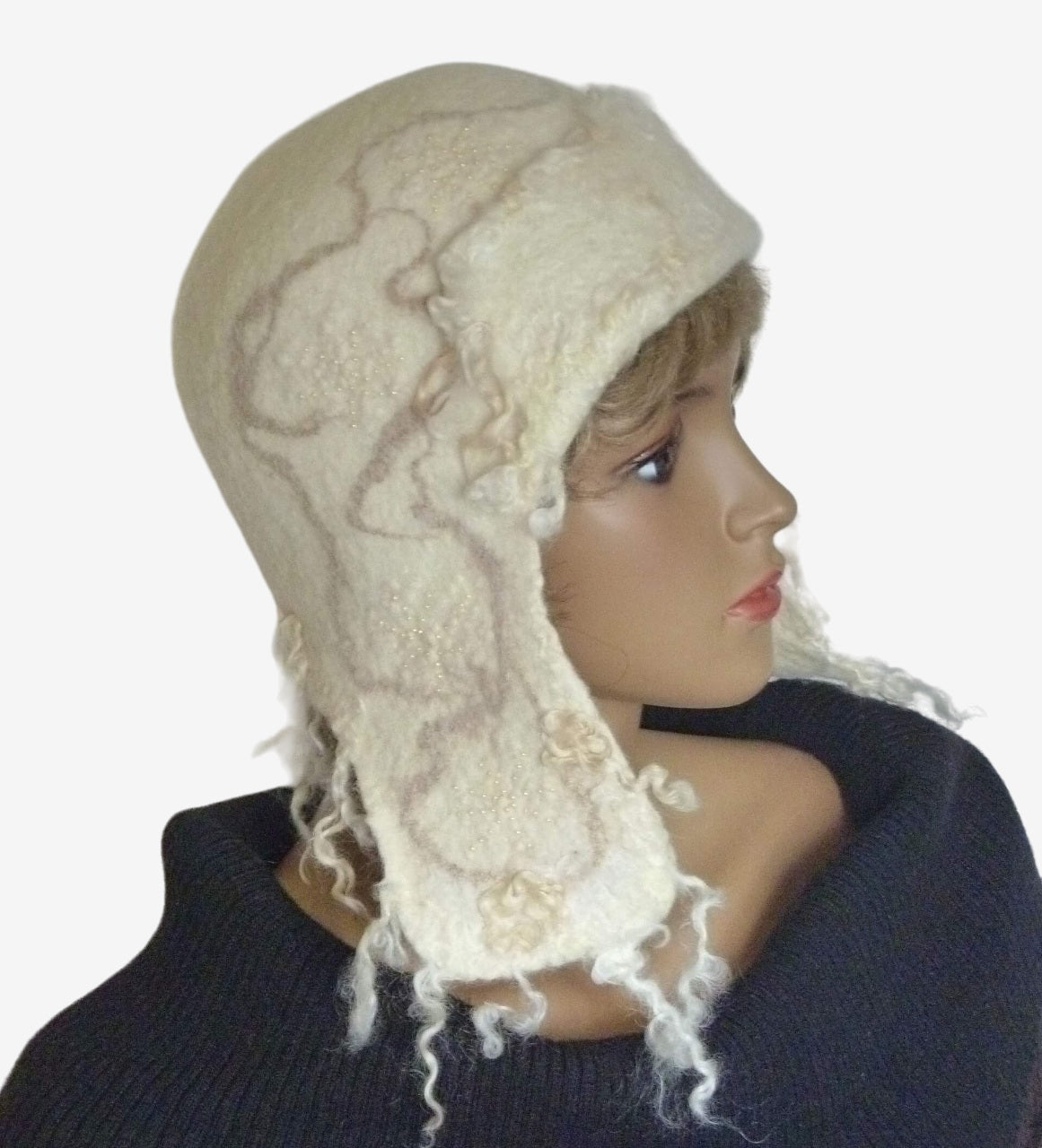Side view of white felted wool trapper hat, handmade winter headwear