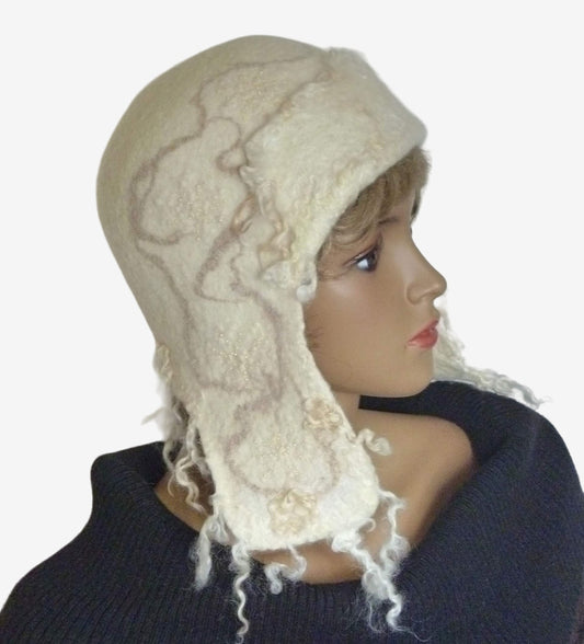 Side view of white felted wool trapper hat, handmade winter headwear