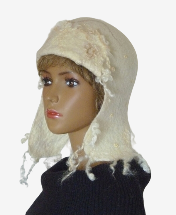 Three quarter view of white felted trapper hat, handmade wool winter accessory