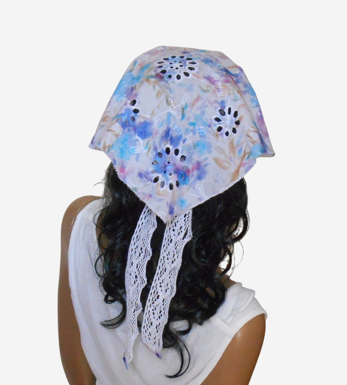 Back view of elegant triangular sun scarf highlighting lace tie details