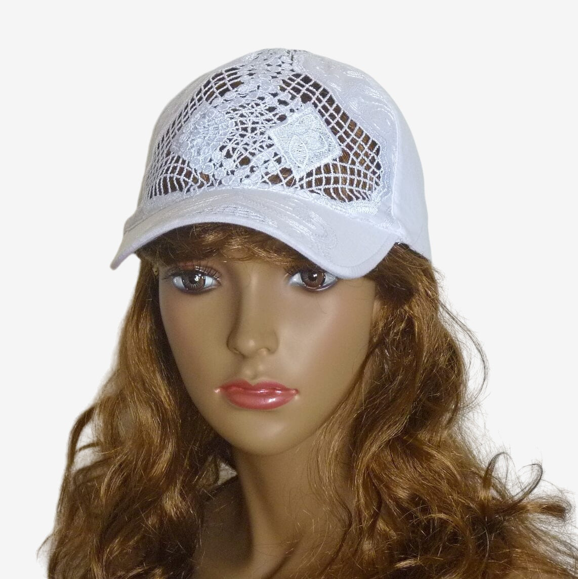 Front view of a white cotton women’s baseball cap with lace-up detail