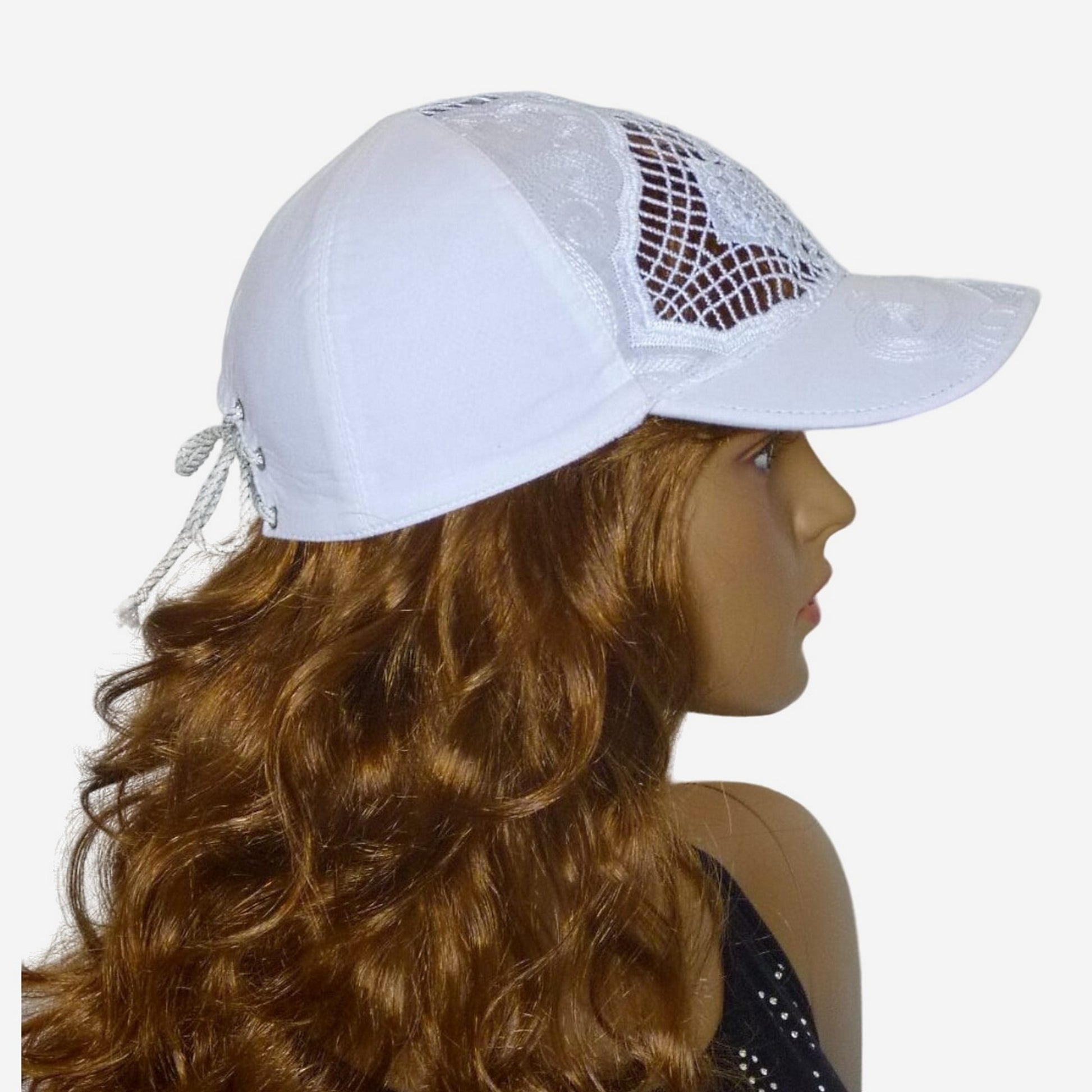 White summer baseball cap with adjustable lace closure