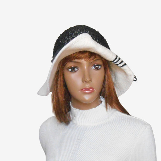 Winter wide brim black white felt hat