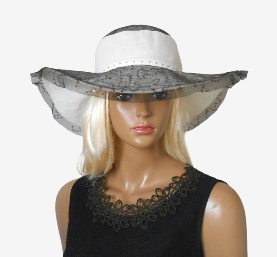 Women's white brown wide brim hat