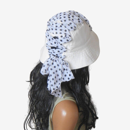 White Adjustable Summer Hat Black Polka Dot Bow Trim
