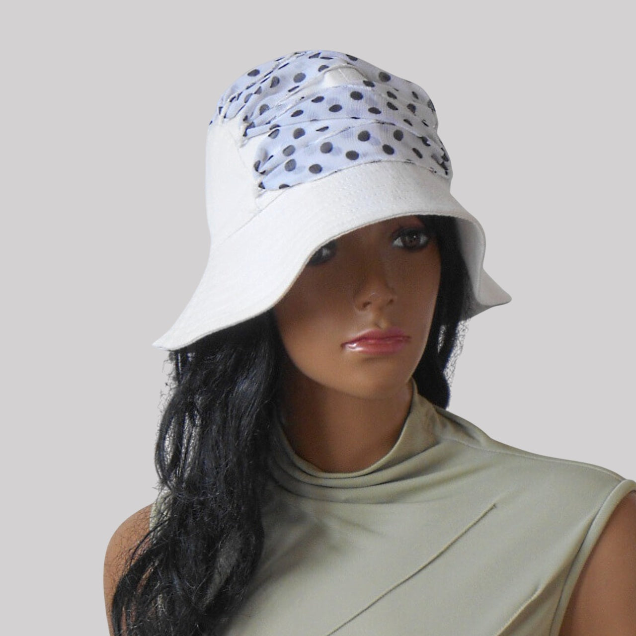 White cotton hat, black polka dots