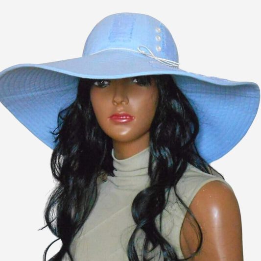 Light blue wide-brim sun hat front view, eco-friendly linen, foldable and travel-friendly
