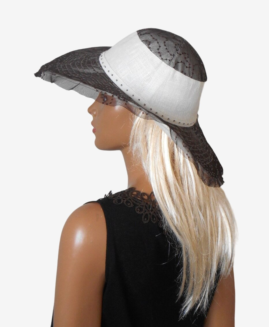 Side view of women’s wide-brim sun hat showing brim shape and style