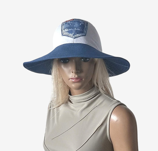 Summer wide-brimmed white and blue denim hat, front view