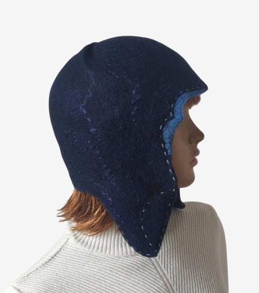 Side view of the winter hat with earflaps highlighting its shape and material