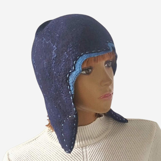 Dark blue winter hat with earflaps for warmth and style