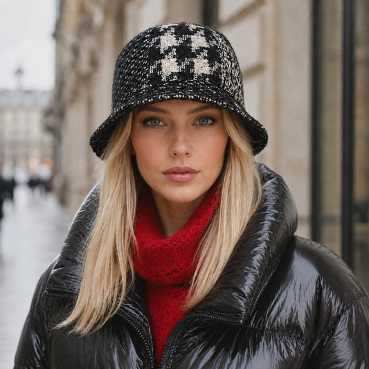 Warm Checkered Patchwork Bucket Hat with Fringe