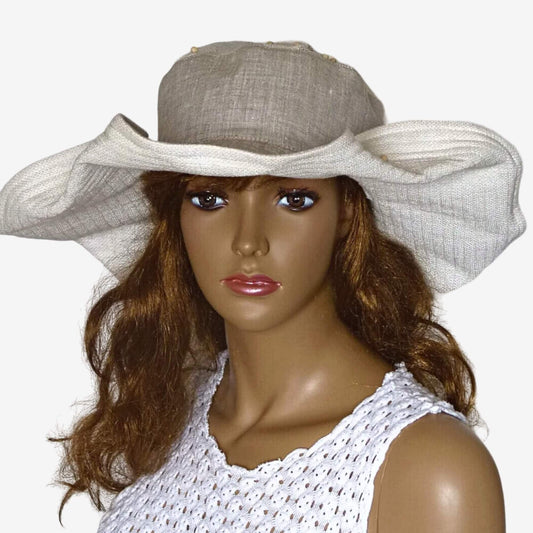 A beige wide-brimmed linen hat