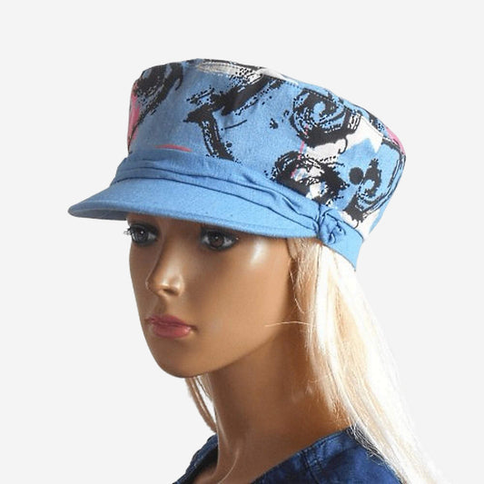 Women’s summer denim captain’s cap with abstract pattern and draped detail