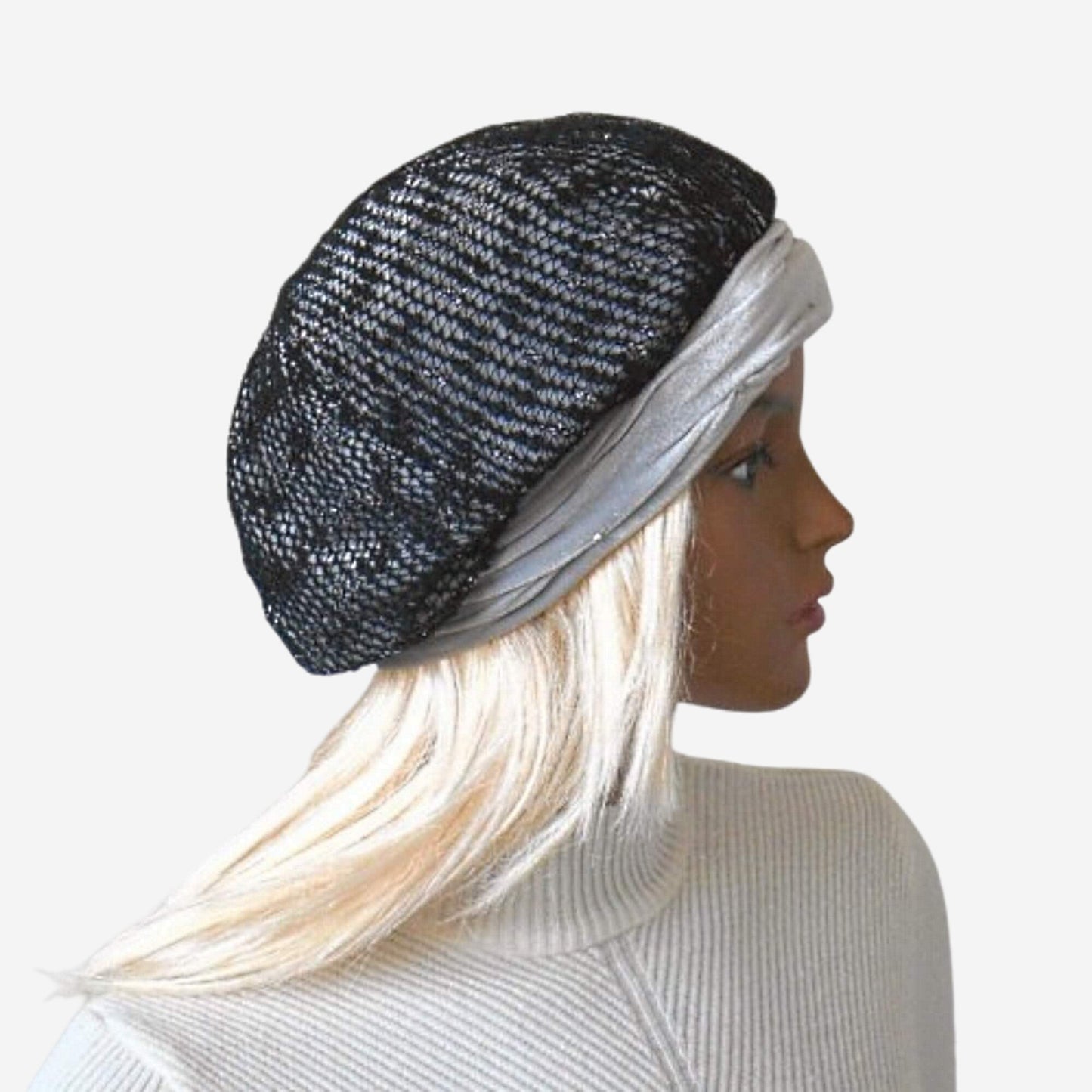 Women’s light gray velour and black mesh beret with draped detail
